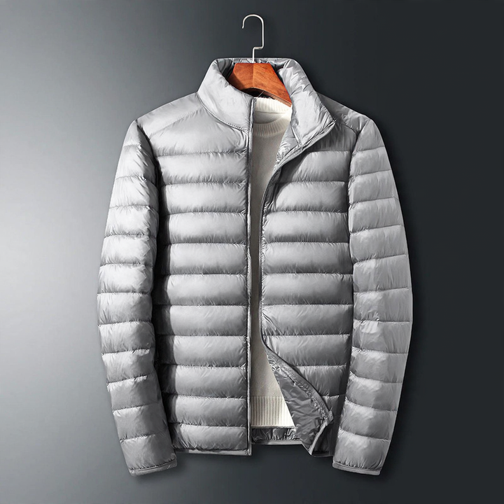Light men's down jacket with hood, white duck down lining