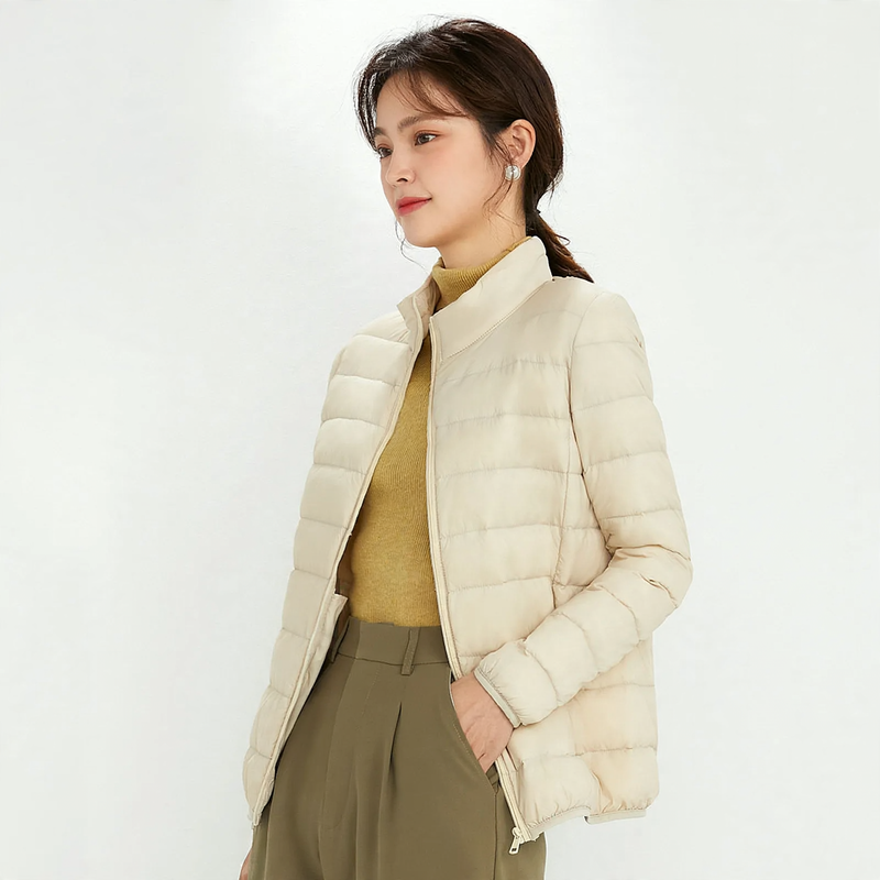 Light down jacket for women, stand-up collar, white, duck down