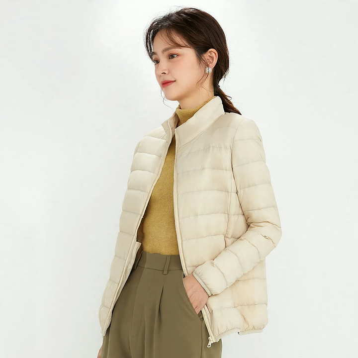 Light down jacket for women, stand-up collar, white, duck down