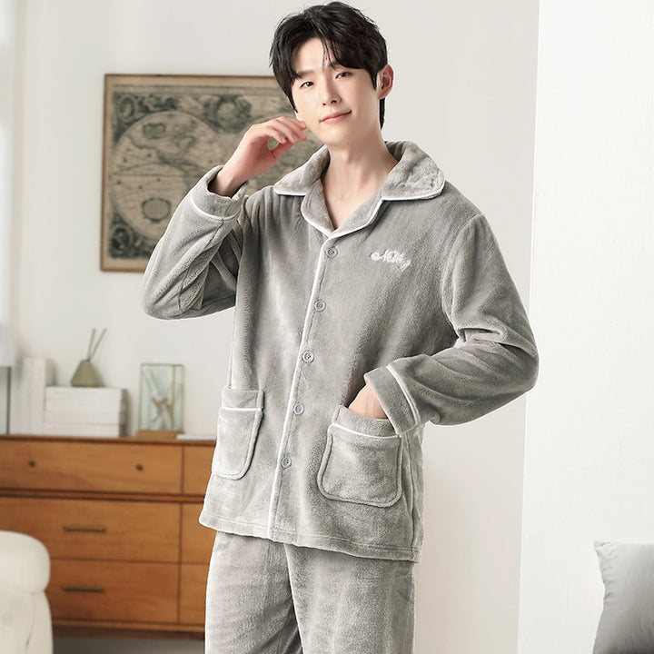 Men's Flannel Pajama Set, Embroidered, Simple