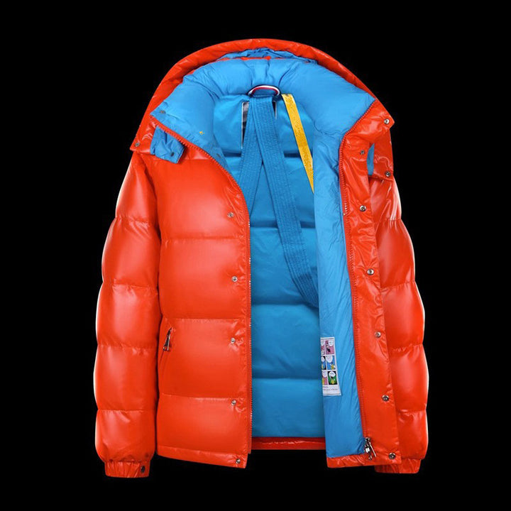 Short men's down jacket with hood, shiny