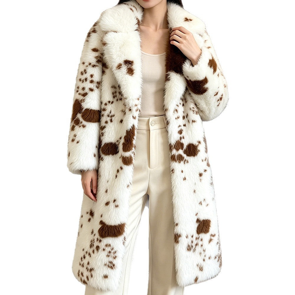 Padded faux fur coat with cow print