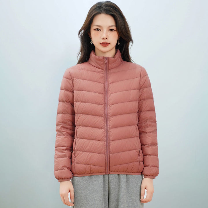 Light women's down jacket with stand-up collar