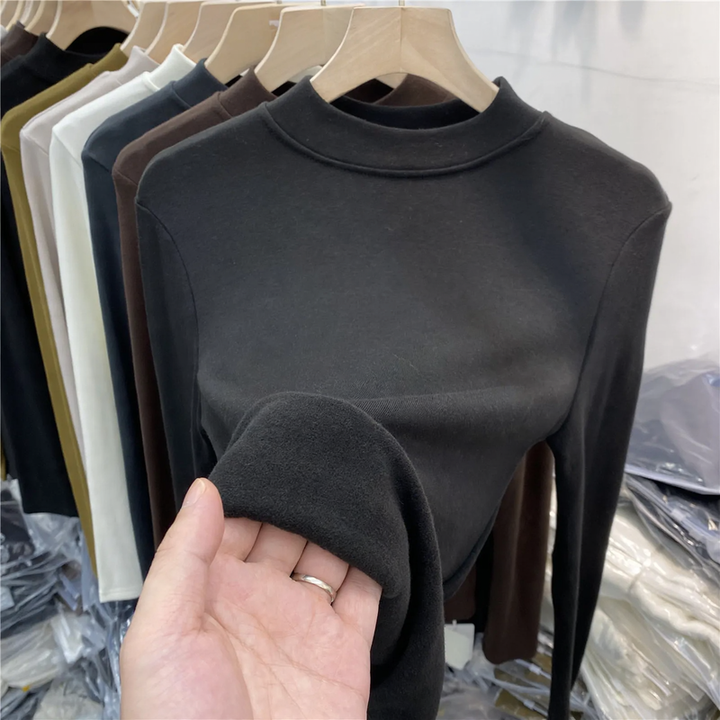 Women’s Long Sleeve Shirt with Stand Collar and Brushed Inner Side