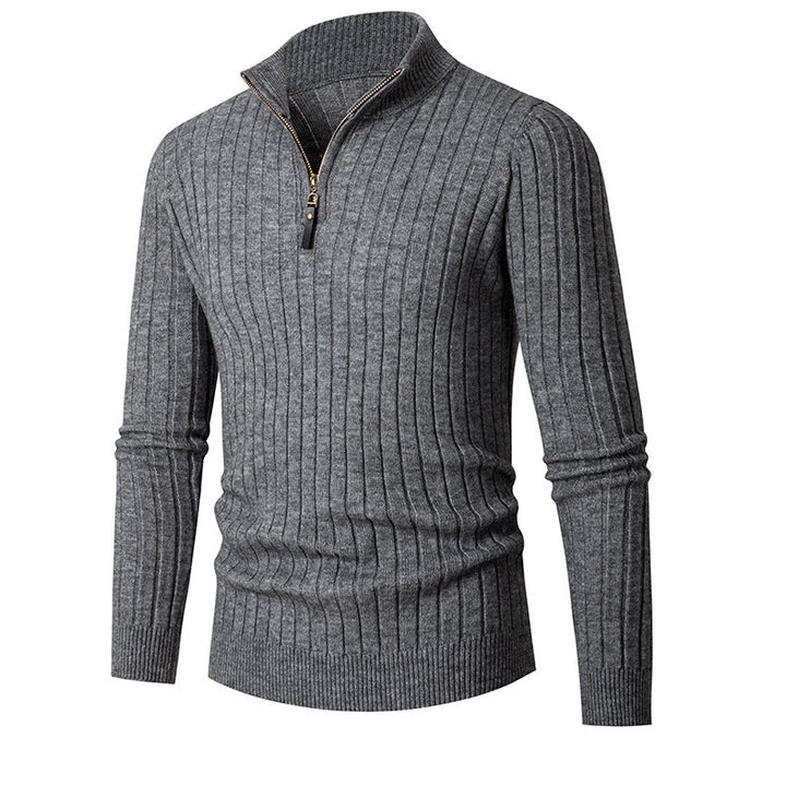 Men's knit sweater with zip and half-rolled collar