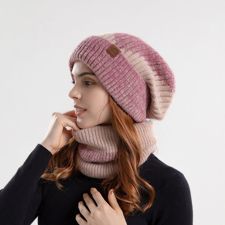 Knitted beanie and scarf set, lined, two-colored