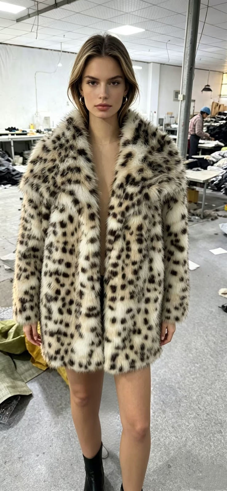 Long faux fur coat with large lapels
