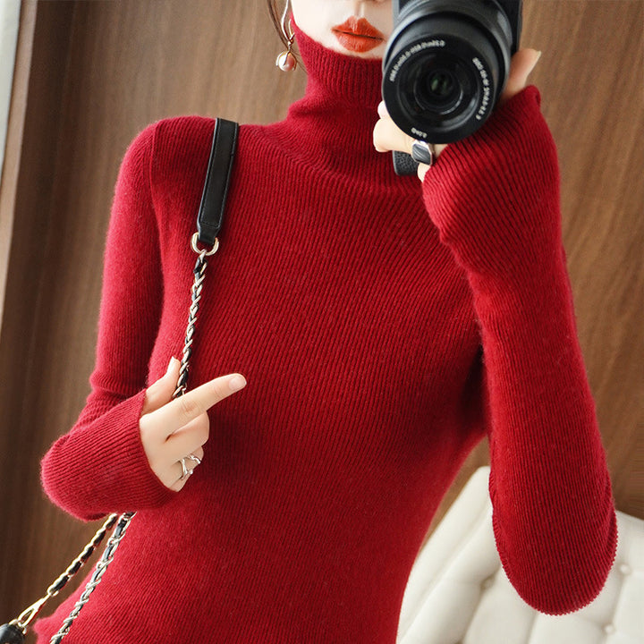 Women's knitted pullover with stand-up collar, fitted