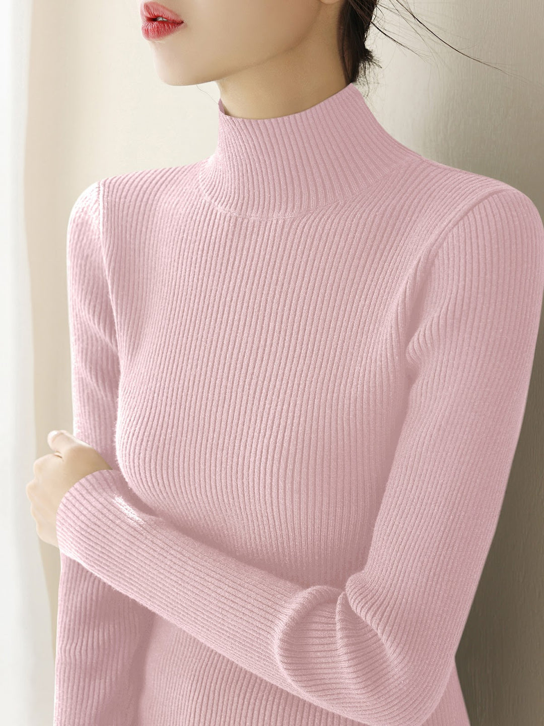 Women's wool knit pullover with half standing collar