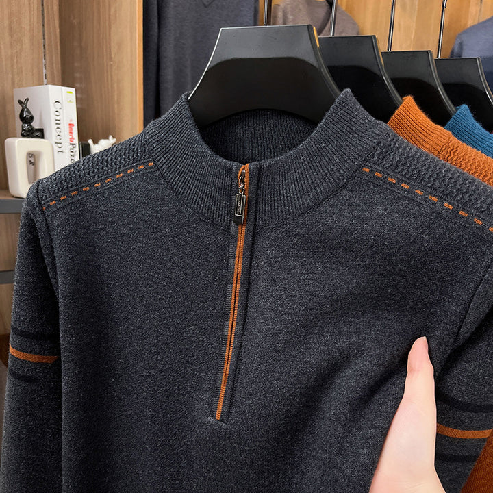 Men's wool sweater with zipper and stand-up collar