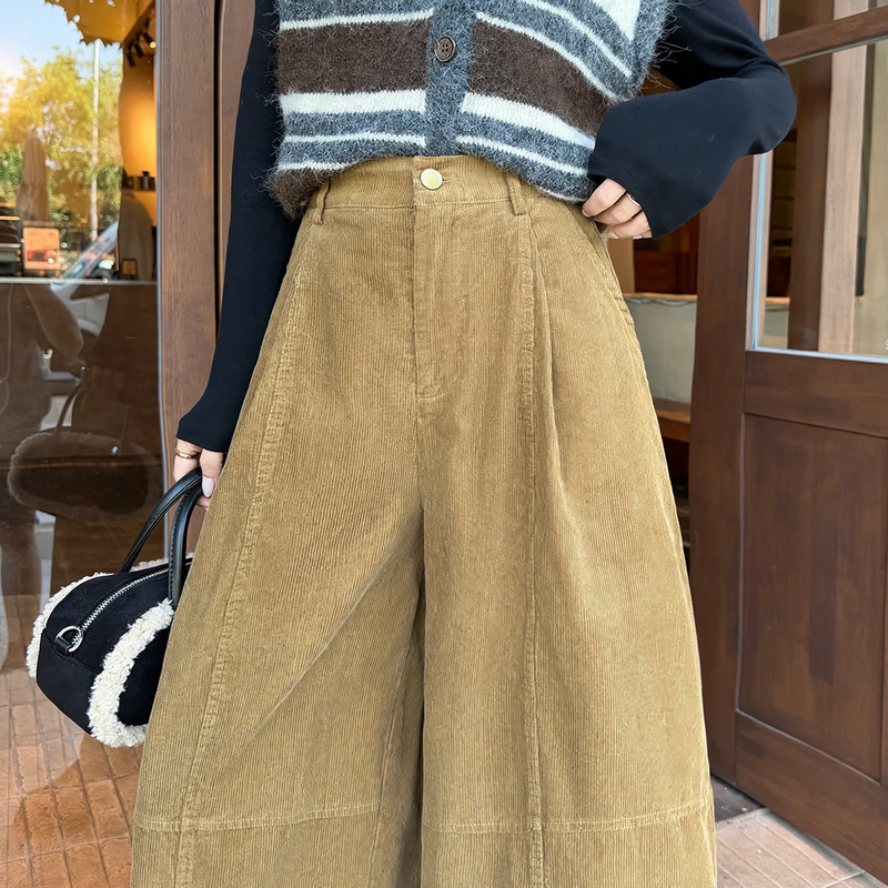 Women's corduroy pants, high-waisted, balloon cut