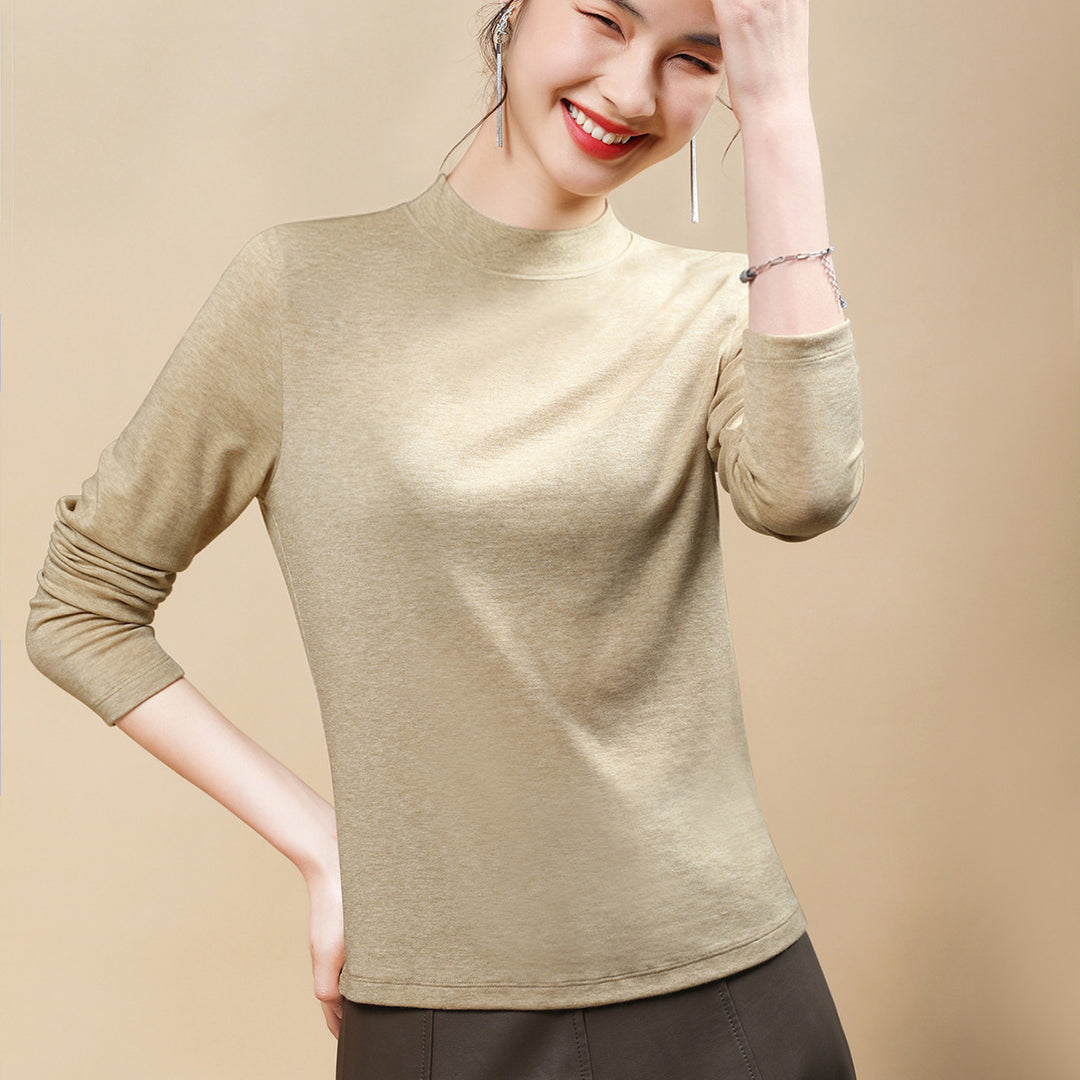Women’s long-sleeve shirt made of wool blend with stand-up collar