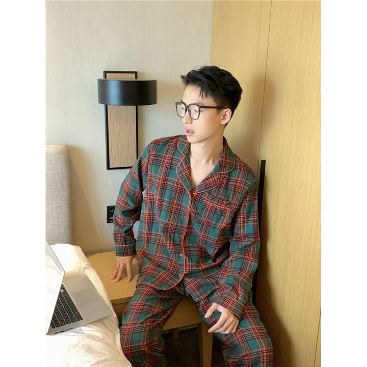 Women's house suit, checked, made of brushed cotton-linen blend