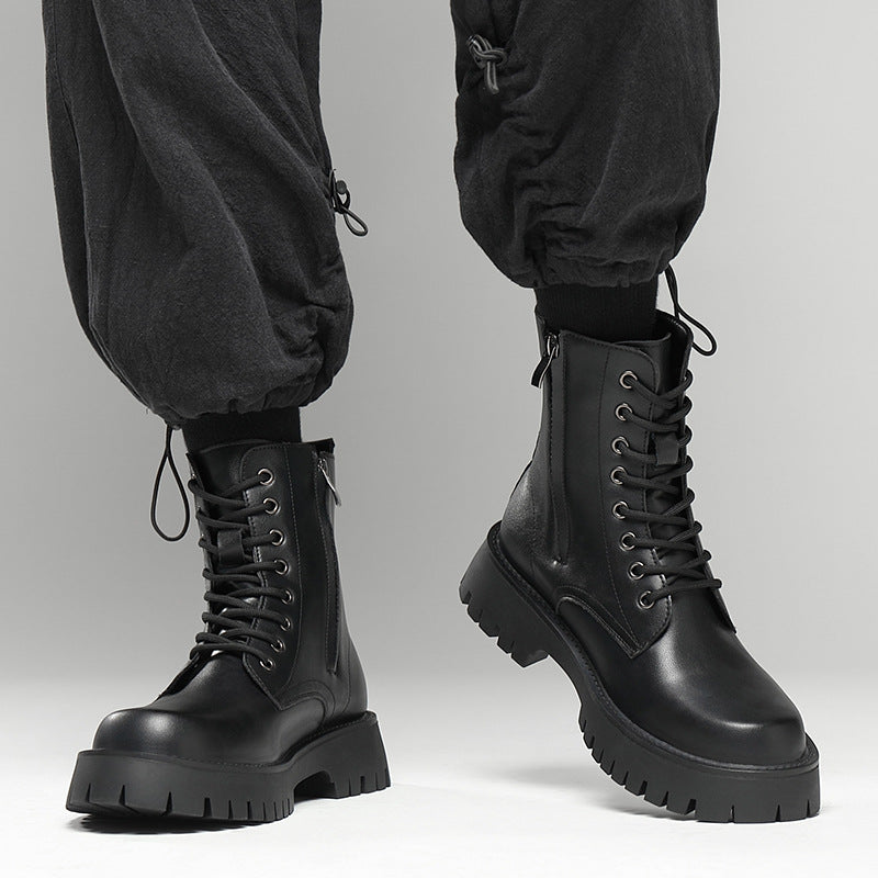 Men's platform boots, lace-up boots, zipper, synthetic leather