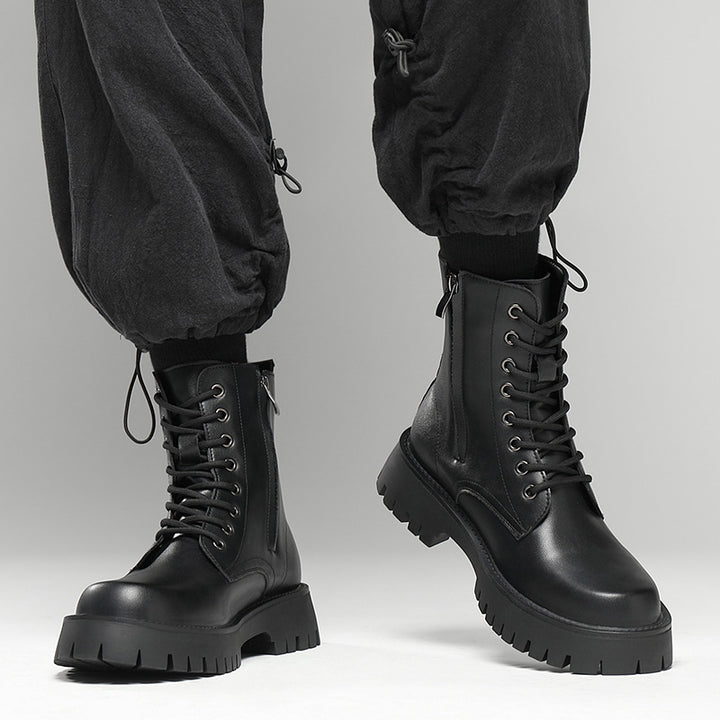 Men's platform boots, lace-up boots, zipper, synthetic leather