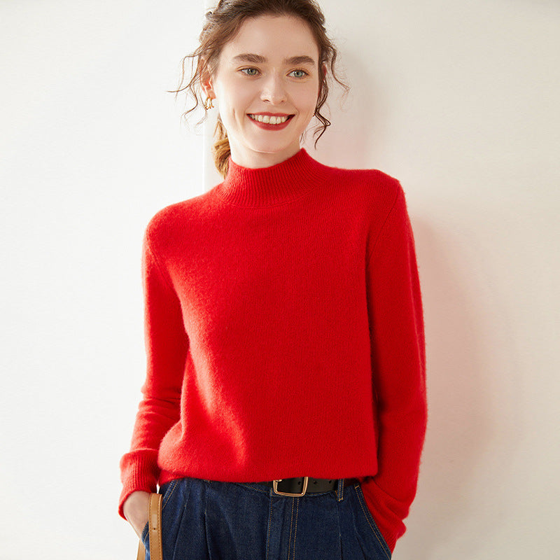 Women's cashmere sweater, semi-high collar, two-ply, loose