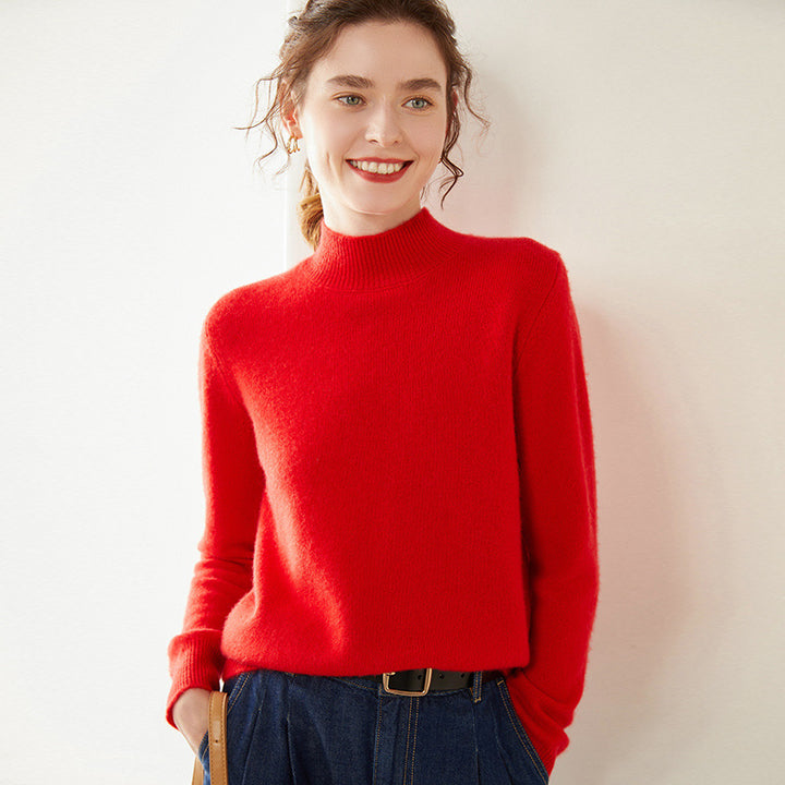 Women's cashmere sweater, semi-high collar, two-ply, loose