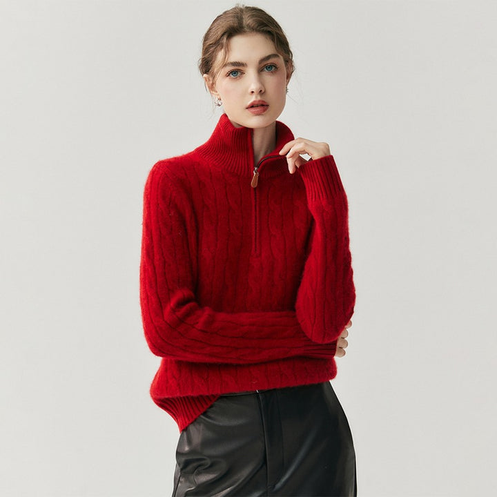 Women's knit sweater with zipper and cable pattern