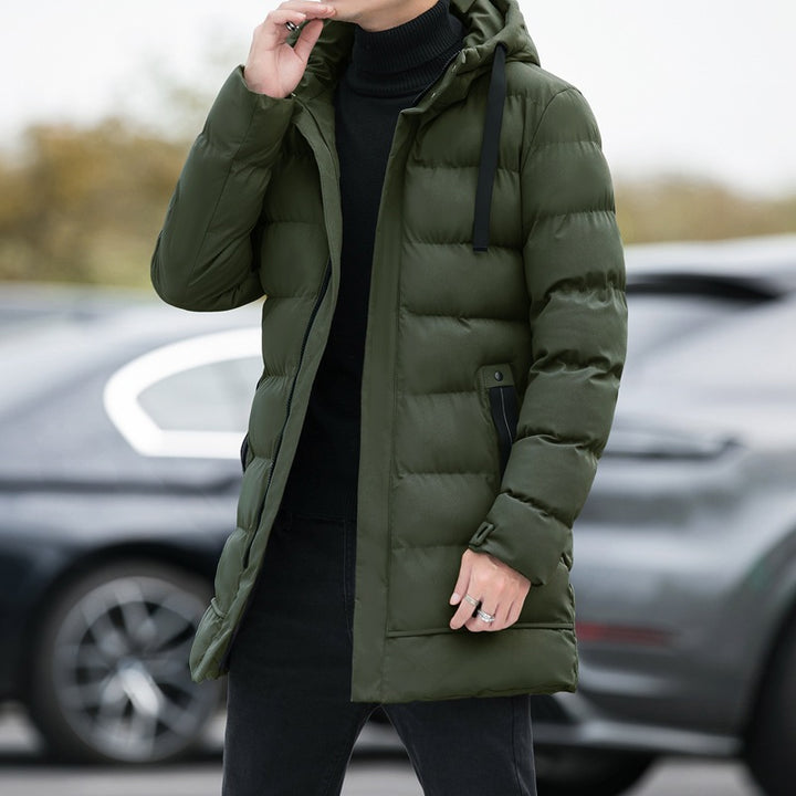 Men's winter coat, mid-length, with hood and down filling