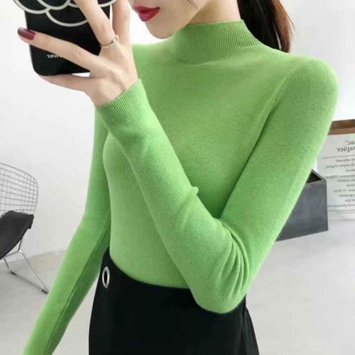 Women's knitted pullover with stand-up collar, slim fit
