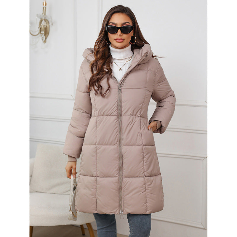 Long, padded winter jacket for women, knee-length