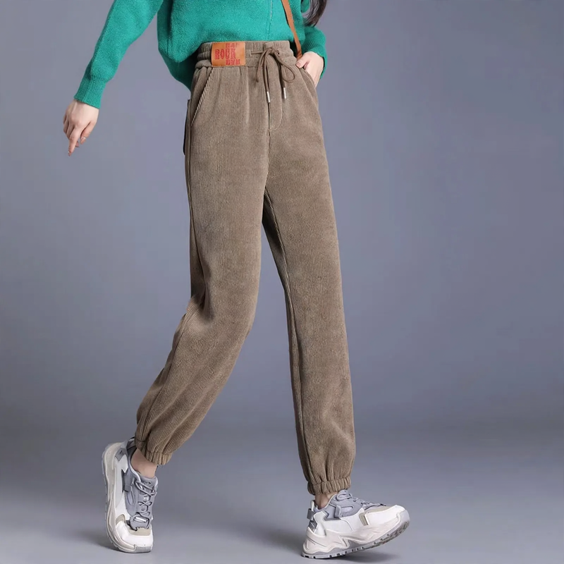 Padded corduroy harem pants with a high waistband