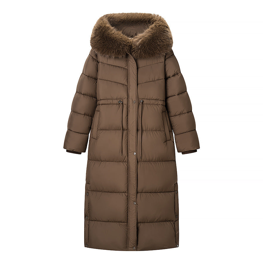 Long women's padded jacket with hood and faux fur trim