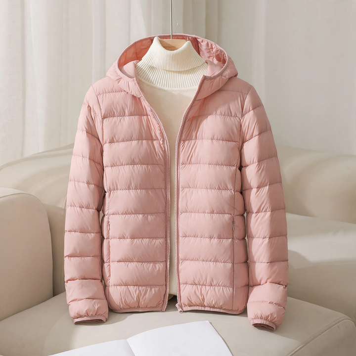 Light women's down jacket, short, with hood