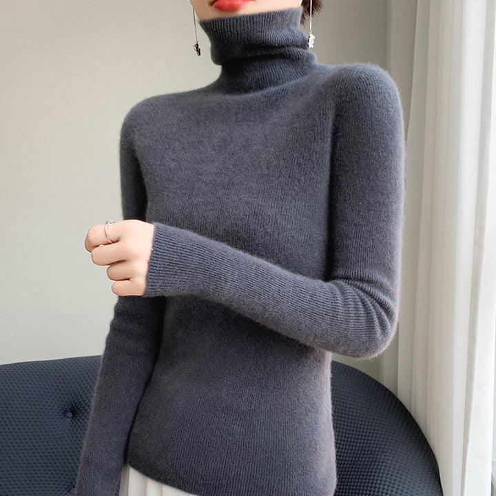 Women's knitted pullover with stand-up collar, fitted
