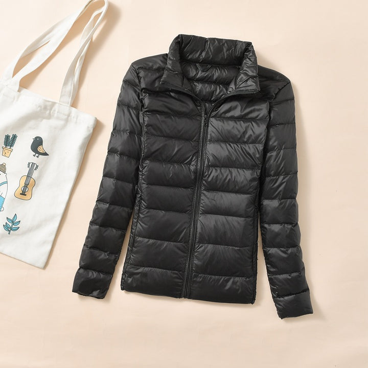 Women's down jacket, short, standing collar, tailored, with duck down