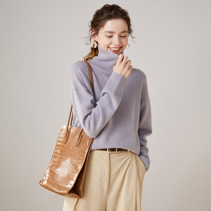 Women's cashmere sweater, high collar, loose fit