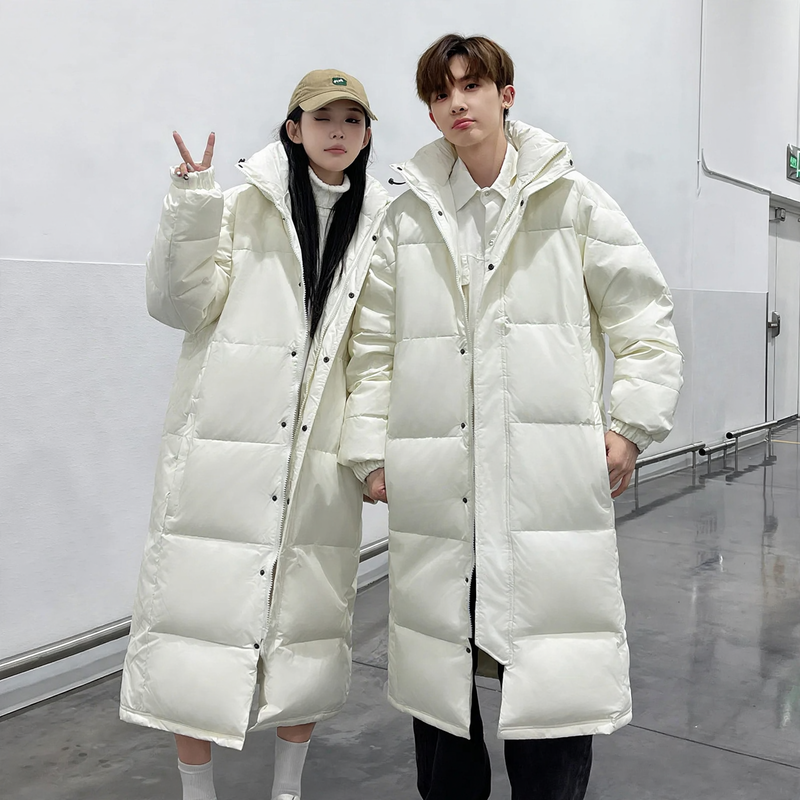 Long down coat, knee-length, white goose down