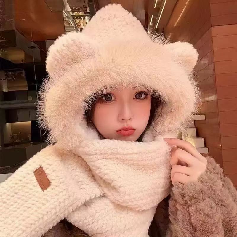 Women's plush hat with bear ears and scarf set