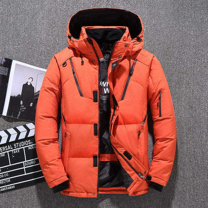Padded men's down jacket with many pockets