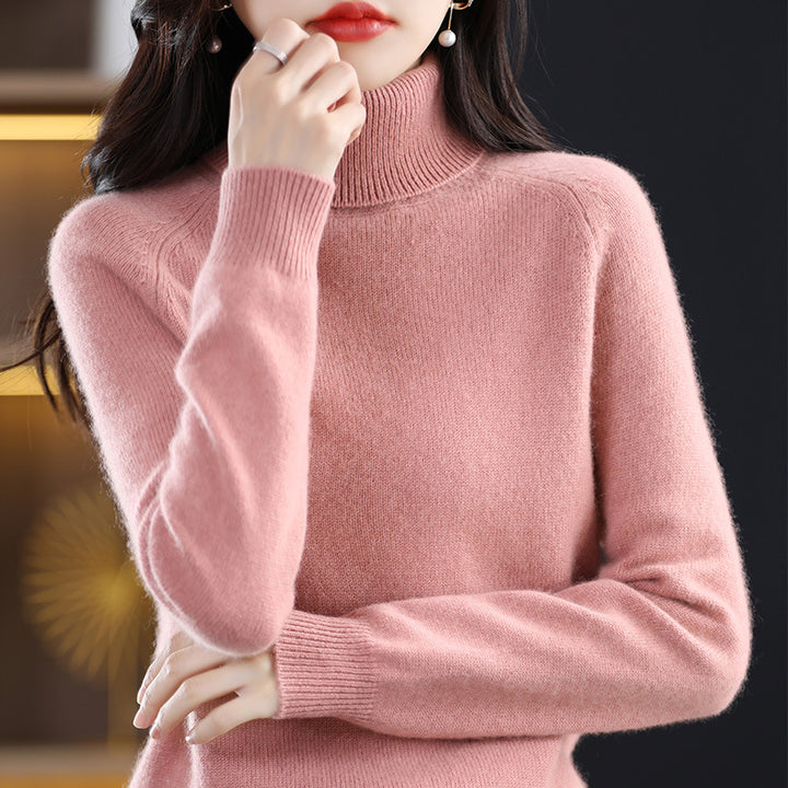Women's knit pullover with stand-up collar, loose and long-sleeved