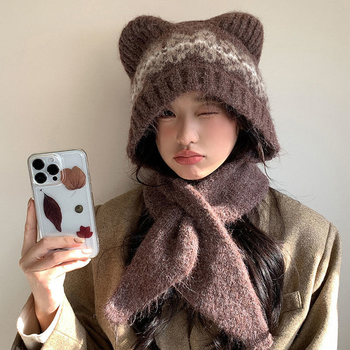 Knit cap with scarf, bear design, women, winter