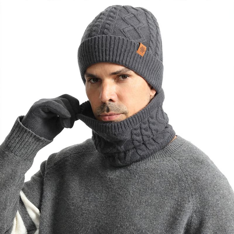 Knit set for men: beanie, scarf, and gloves