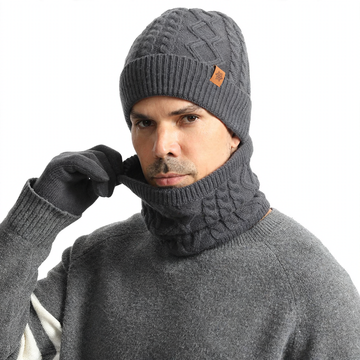 Knit set for men: beanie, scarf, and gloves