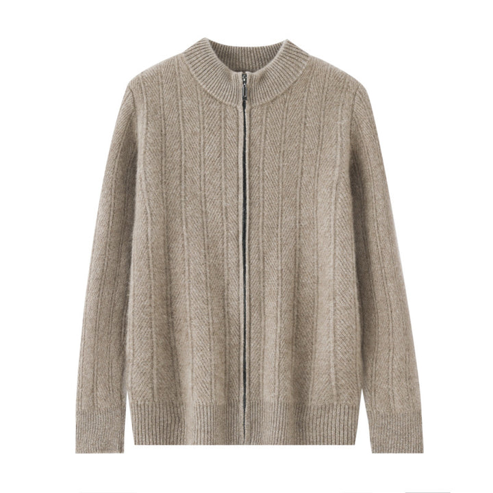 Men's wool cardigan, stand-up collar, zipper, jacquard pattern