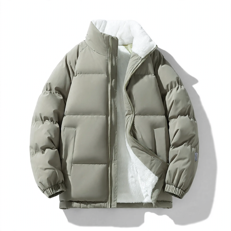 Padded men's winter jacket with hood and wind protection