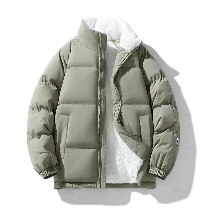 Padded men's winter jacket with hood and wind protection