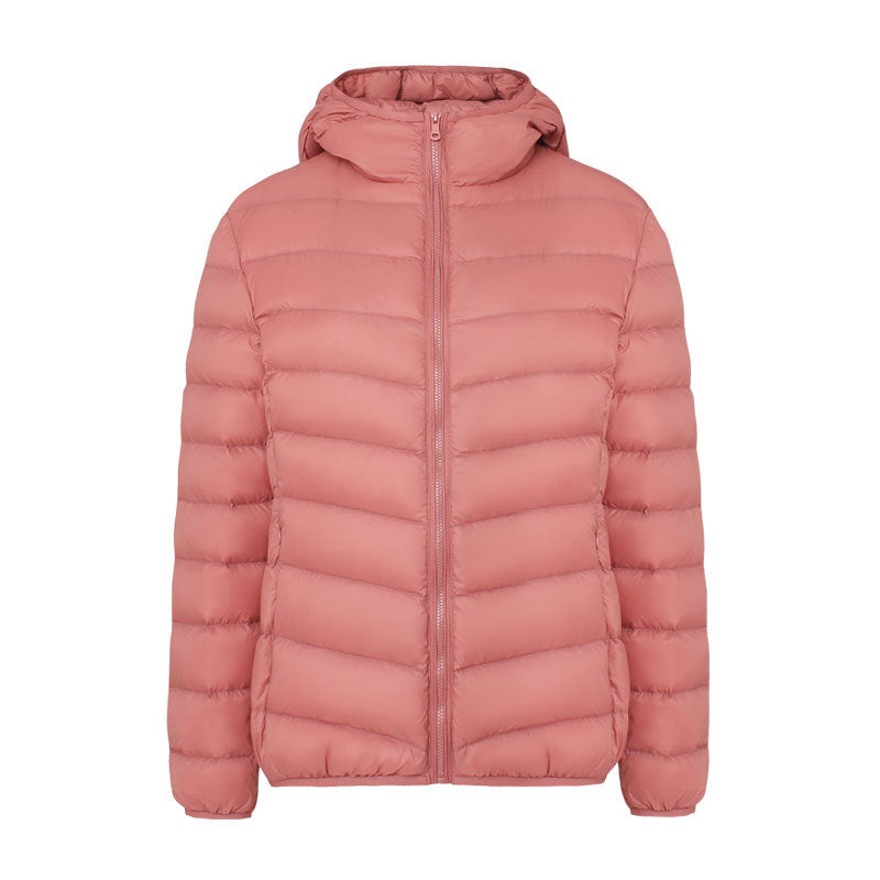 Light women's down jacket with hood, water-repellent