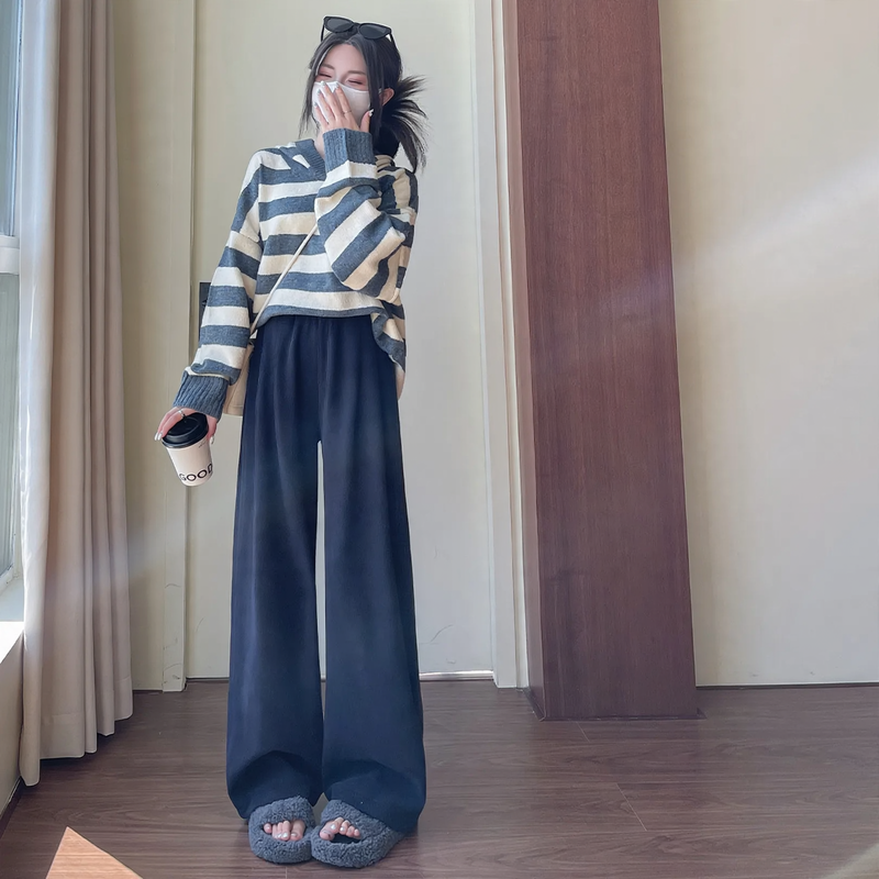 Women's corduroy pants, wide cut, high waist, knitted