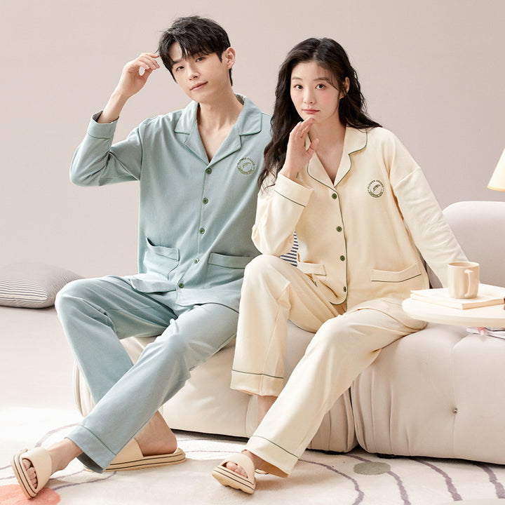 Pair-Pajama-Set, Cotton, Long Sleeve, with Button Placket