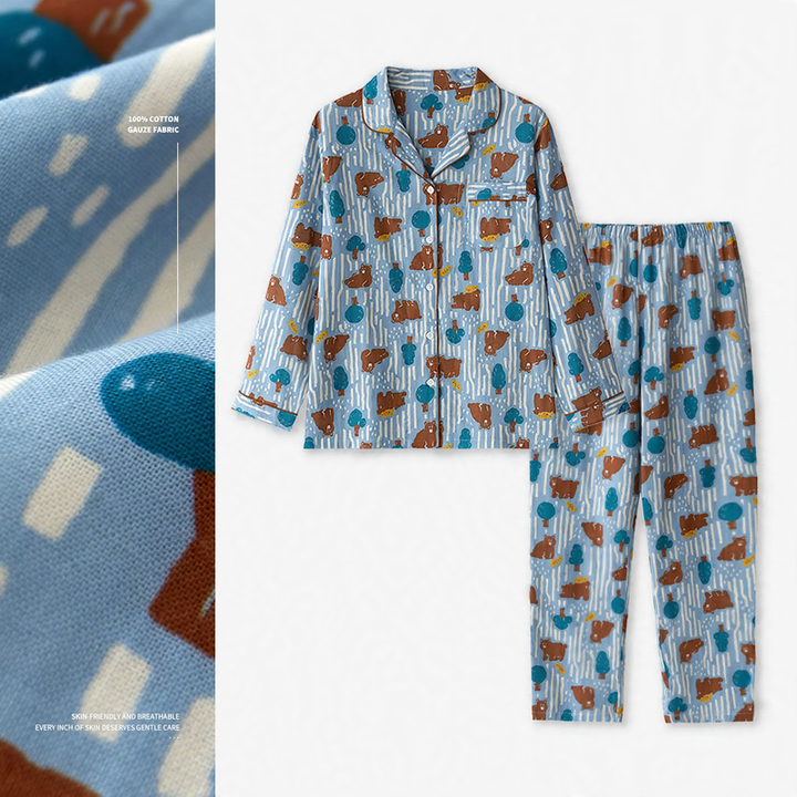 Cotton gauze pajama set for couples, long-sleeved