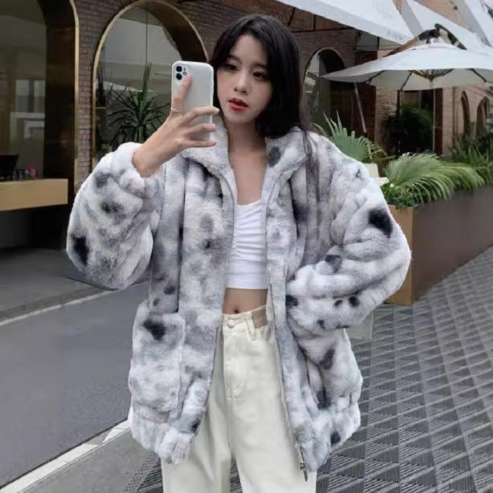 Padded lamb fleece imitation jacket, abstract design