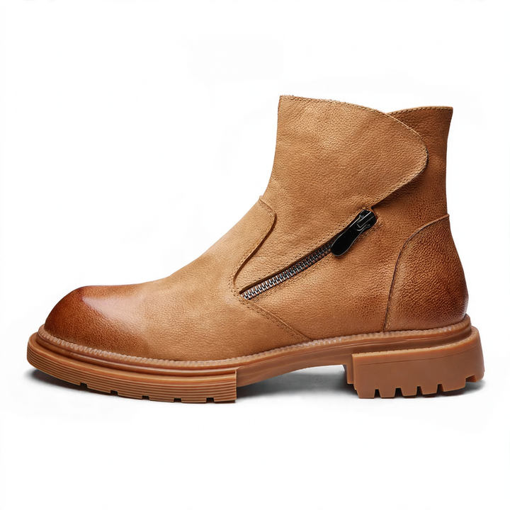 Men's leather biker-style boots, lined