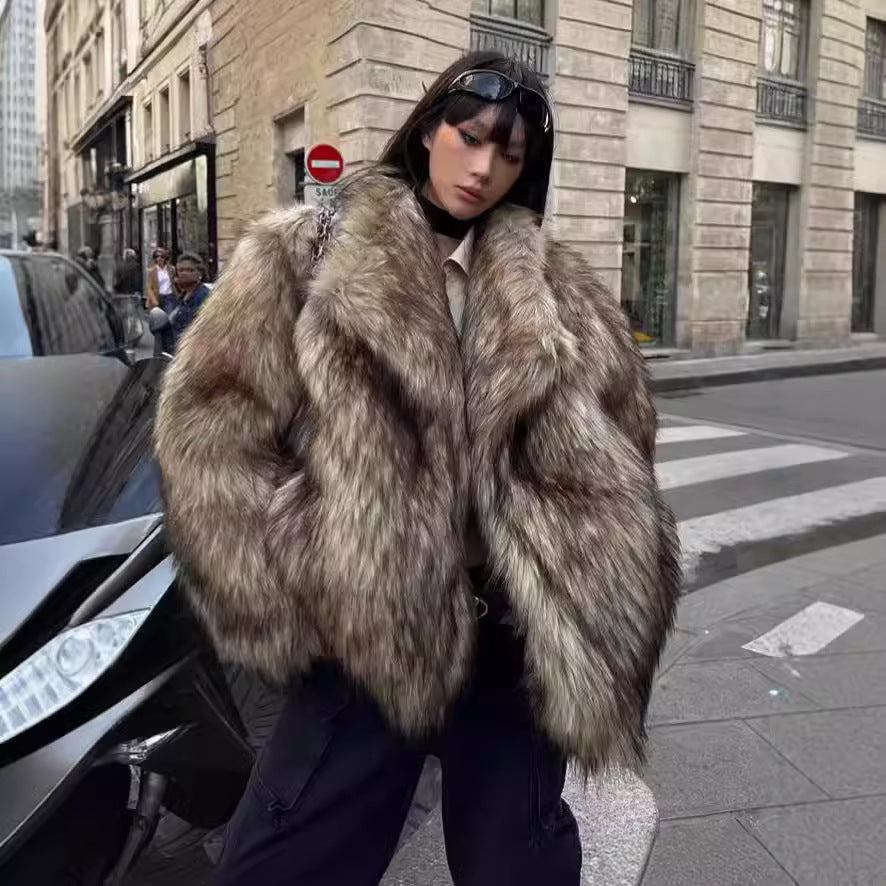 Faux fur coat with lapel collar, European style