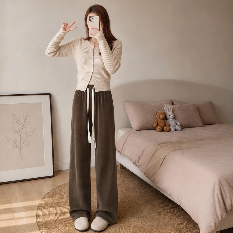 Padded chenille wide-leg trousers with high waist