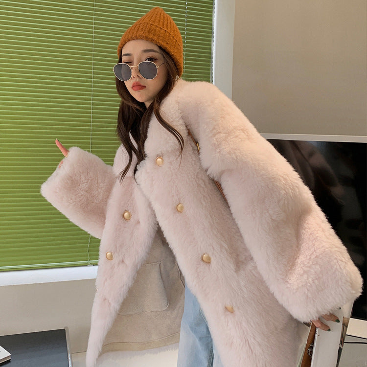 Sheepskin imitation coat, knee-length, women's